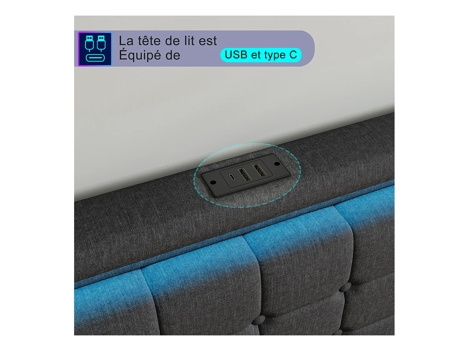 Tweepersoonsbed van 140x200 cm in donkergrijs linnen – Hoofdbord en voeteneinde met ledverlichting, 4 metalen lades, USB- en Type-C-aansluitingen