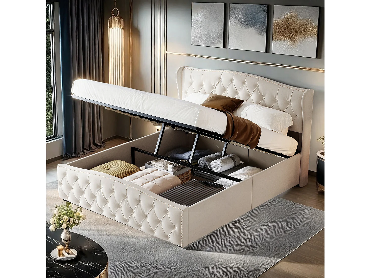 Bed in gebroken wit fluweel 140x200 cm met decoratieve studs en golfpatroon, tweepersoonsbed met lattenbodem en opbergruimte