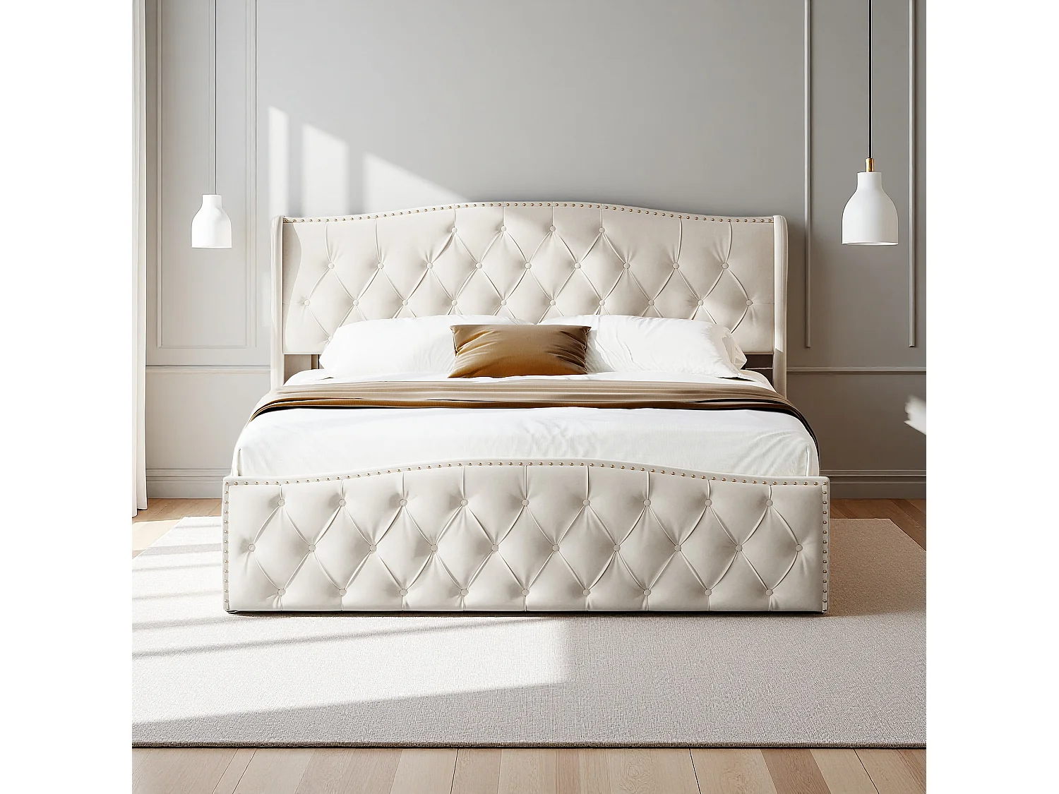Bed in gebroken wit fluweel 140x200 cm met decoratieve studs en golfpatroon, tweepersoonsbed met lattenbodem en opbergruimte