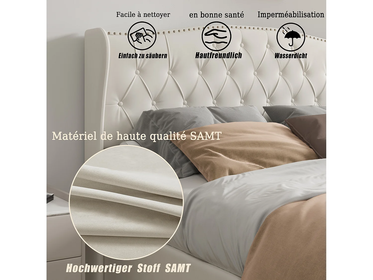 Bed in gebroken wit fluweel 140x200 cm met decoratieve studs en golfpatroon, tweepersoonsbed met lattenbodem en opbergruimte