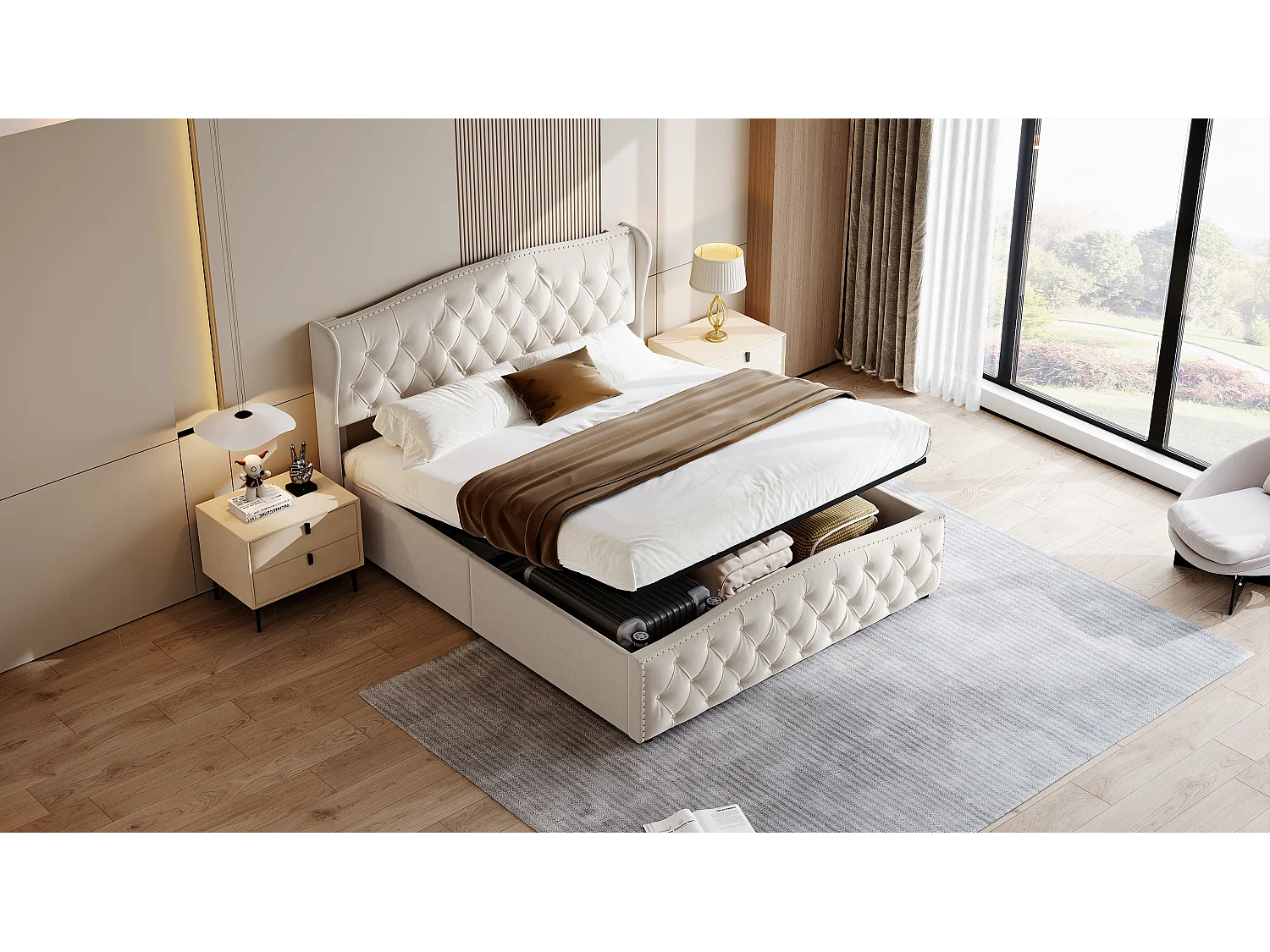 Bed in gebroken wit fluweel 140x200 cm met decoratieve studs en golfpatroon, tweepersoonsbed met lattenbodem en opbergruimte