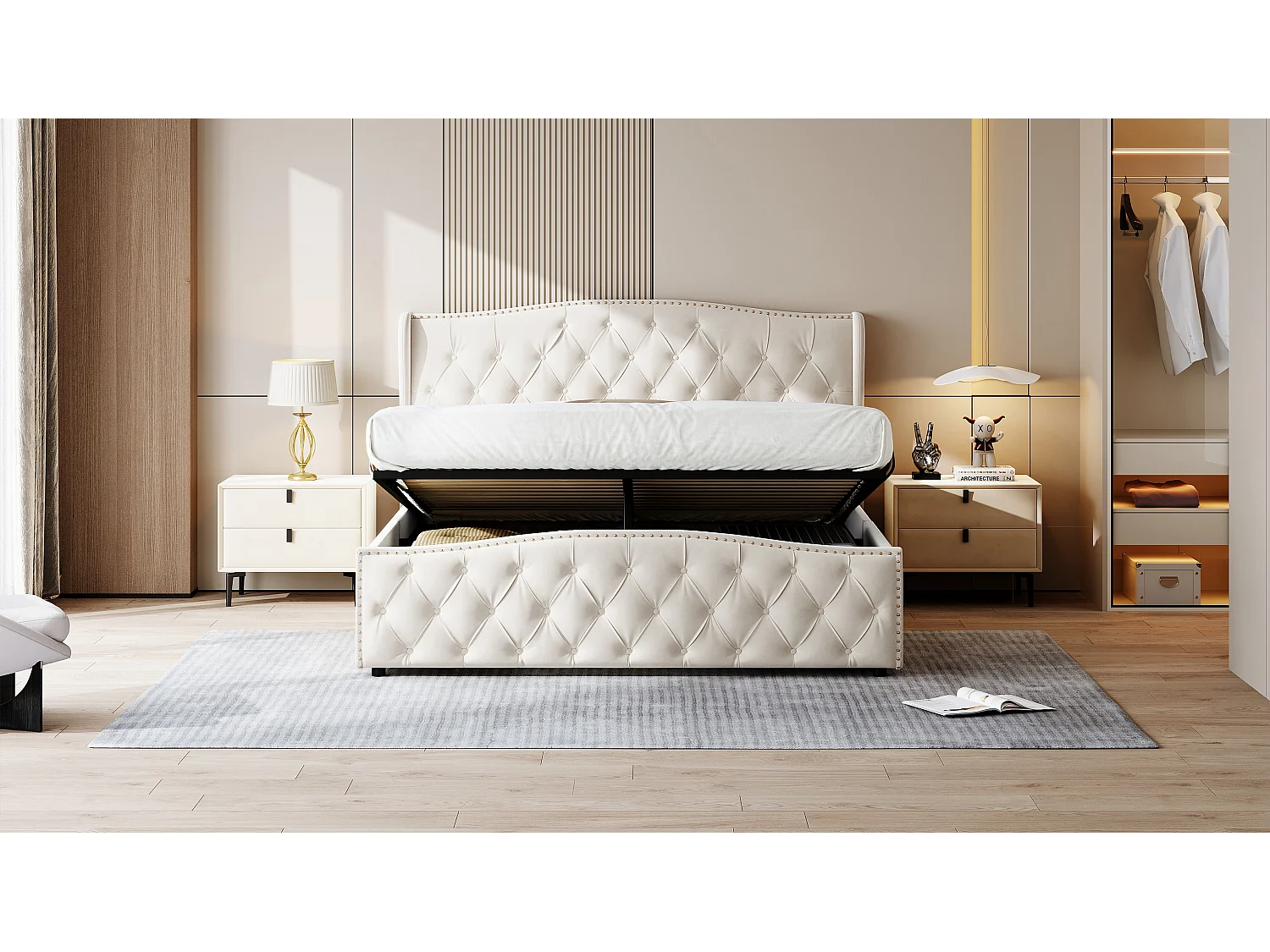 Bed in gebroken wit fluweel 140x200 cm met decoratieve studs en golfpatroon, tweepersoonsbed met lattenbodem en opbergruimte