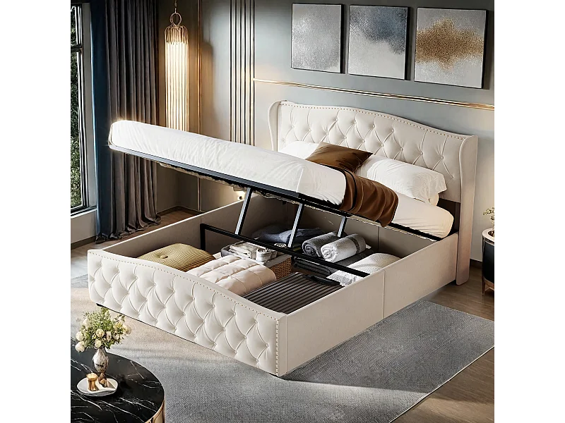 Lit en velours Blanc cassé 140x200 cm avec clous décoratifs et motif ondulé, Lit double avec sommier à lattes et espace de rangement