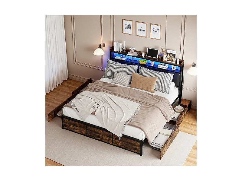 Lit double 160x200 cm avec cadre en métal, tête de lit en PU noir mat motif tigre et éclairage LED intégré