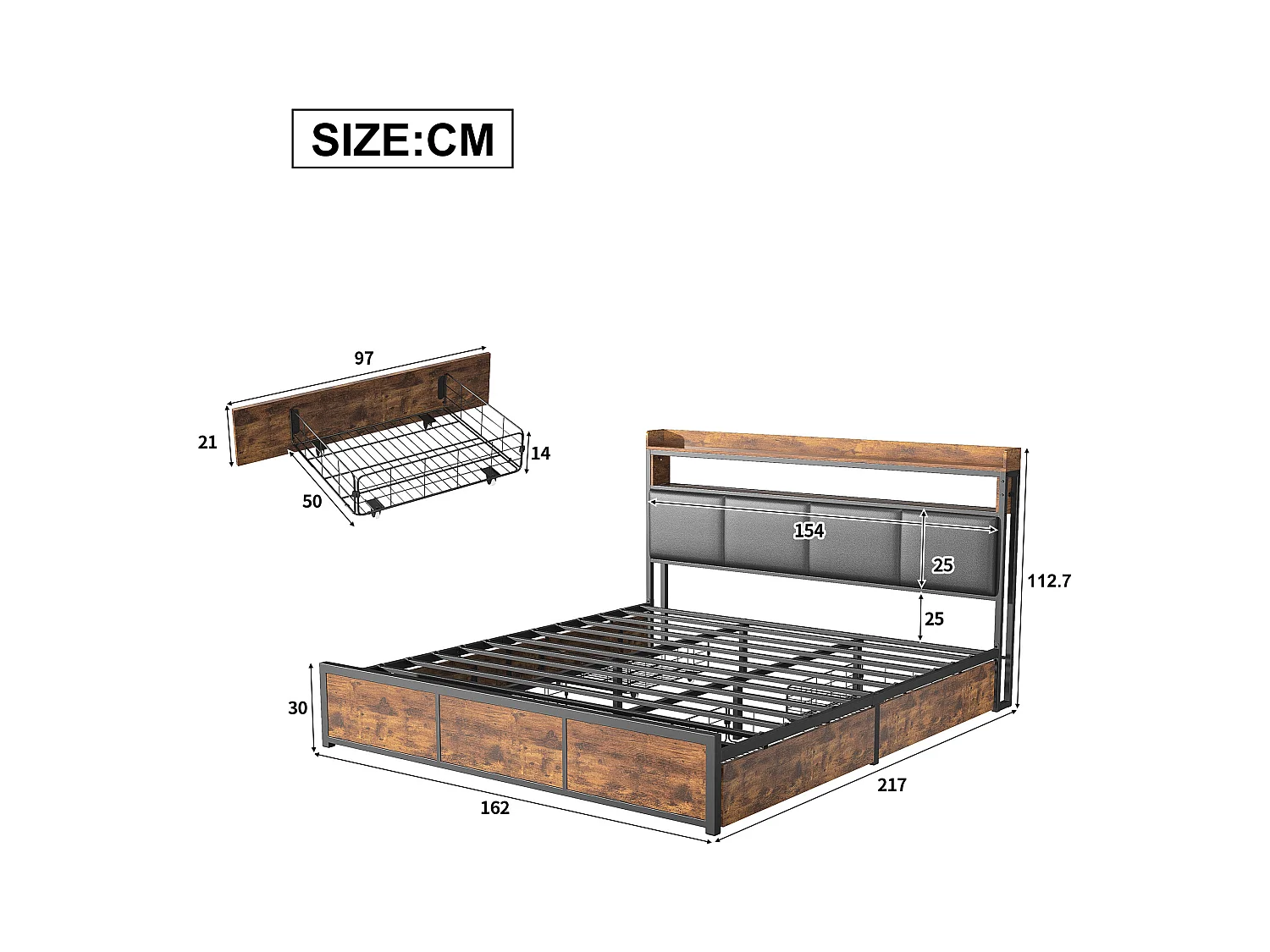 Lit double 160x200 cm avec cadre en métal, tête de lit en PU noir mat motif tigre et éclairage LED intégré