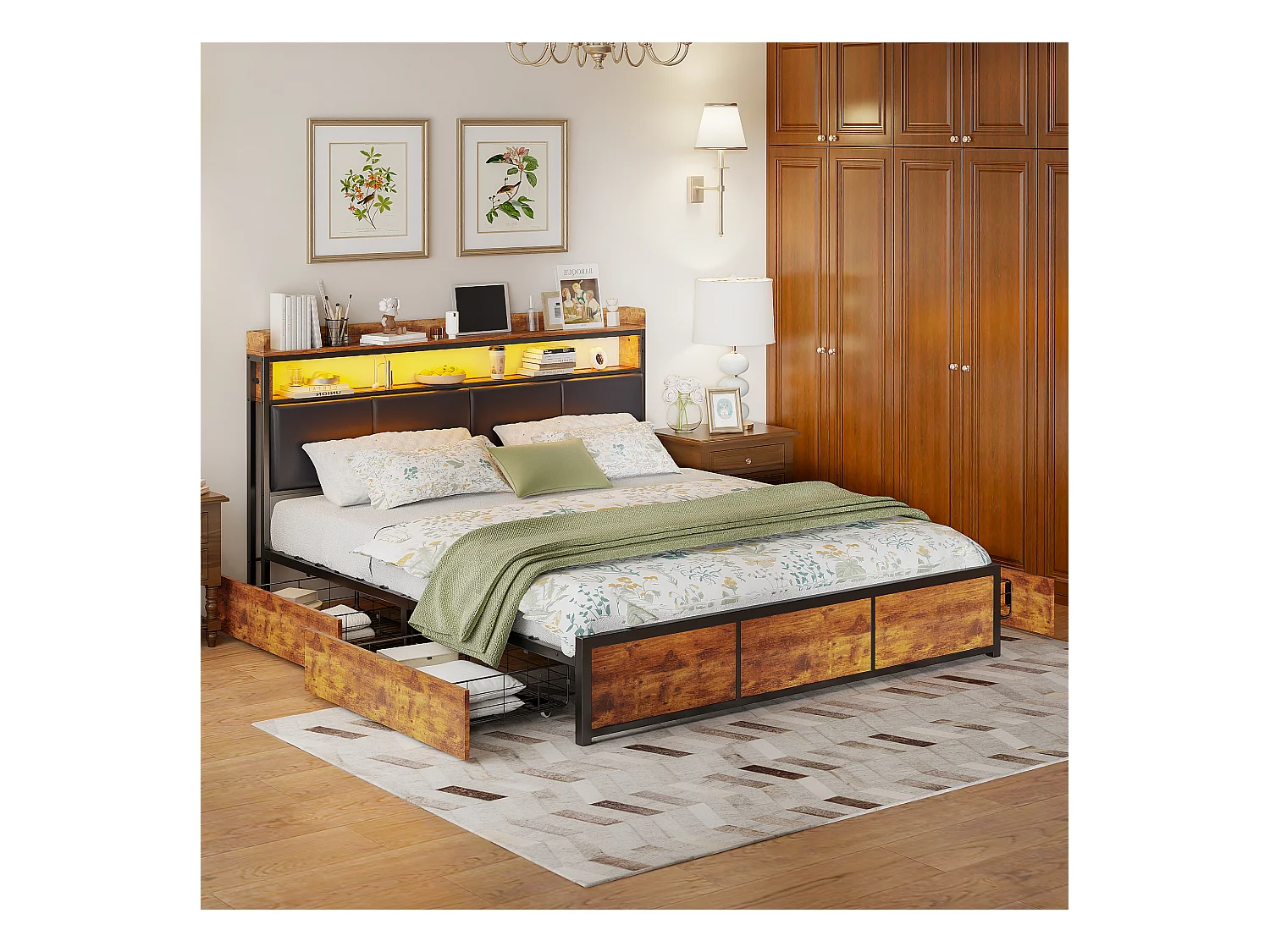Lit double 160x200 cm avec cadre en métal, tête de lit en PU noir mat motif tigre et éclairage LED intégré