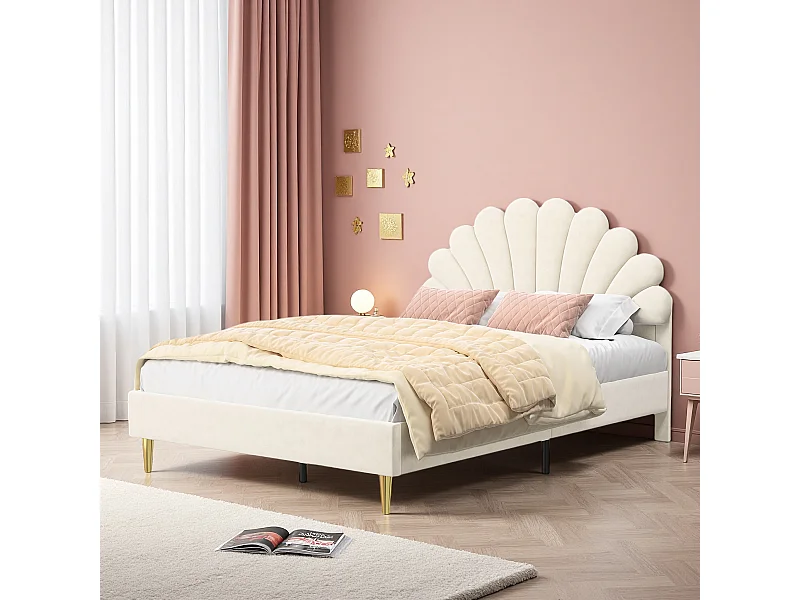 Cama doble de terciopelo de 140 x 190 cm, con forma de pétalo, patas de hierro dorado y base de madera, beige