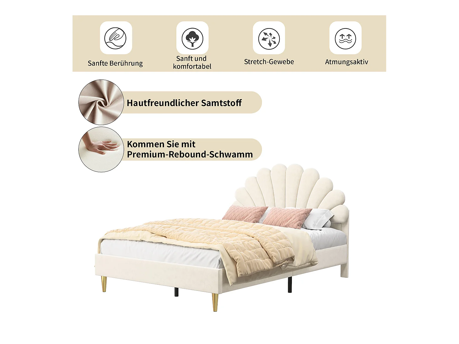 140x190 cm fluwelen gestoffeerd tweepersoonsbed, bloemblaadjesvormig bed, gouden ijzeren poten, houten onderstel, beige