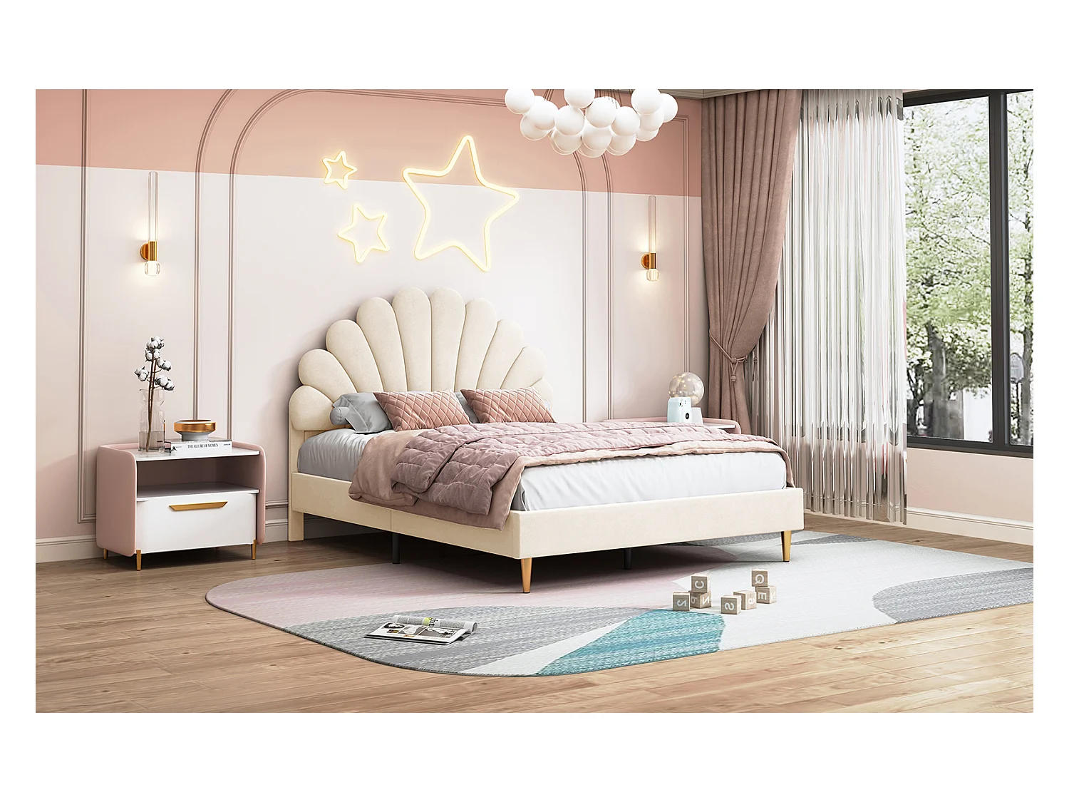 140x190 cm fluwelen gestoffeerd tweepersoonsbed, bloemblaadjesvormig bed, gouden ijzeren poten, houten onderstel, beige