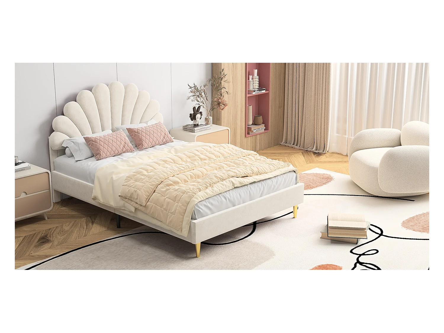 Lit tapissé de velours, 140*200 cm, lit double, lit en forme de pétale, pieds en fer doré, sommier en bois, beige