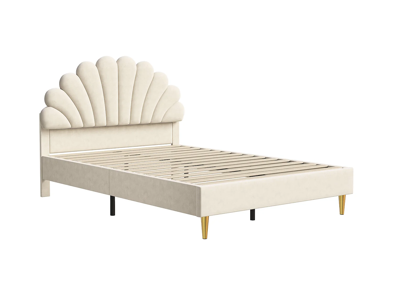 Lit tapissé de velours, 140*200 cm, lit double, lit en forme de pétale, pieds en fer doré, sommier en bois, beige