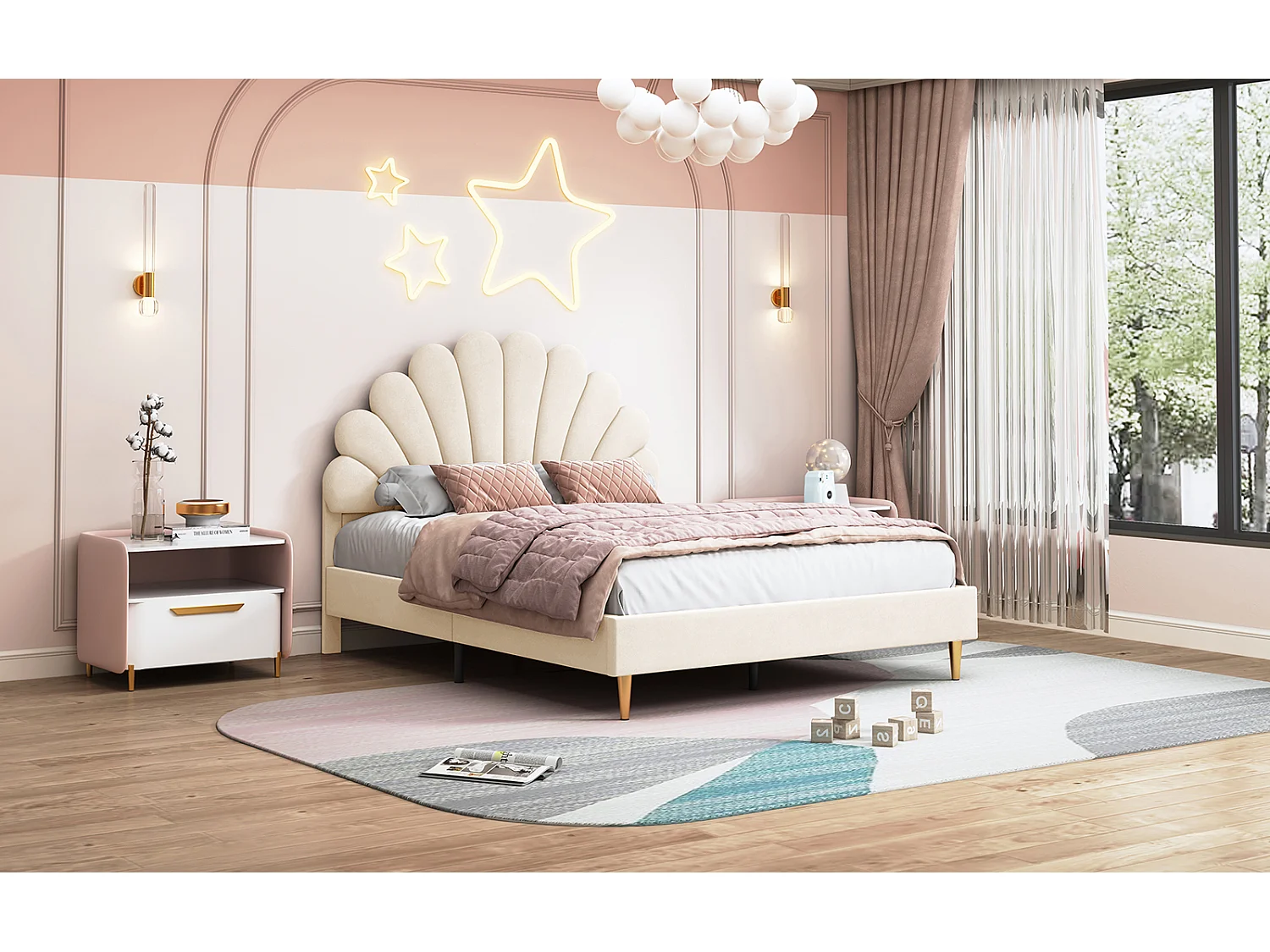 Lit tapissé de velours, 140*200 cm, lit double, lit en forme de pétale, pieds en fer doré, sommier en bois, beige