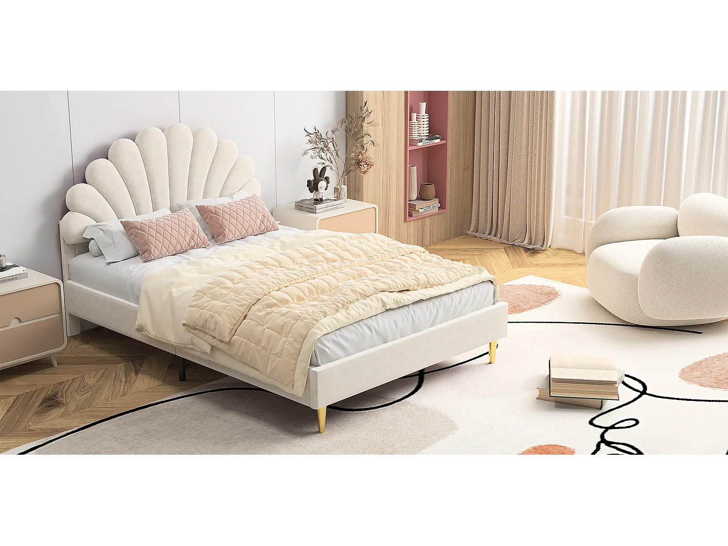 Lit tapissé de velours, 140*200 cm, lit double, lit en forme de pétale, pieds en fer doré, sommier en bois, beige