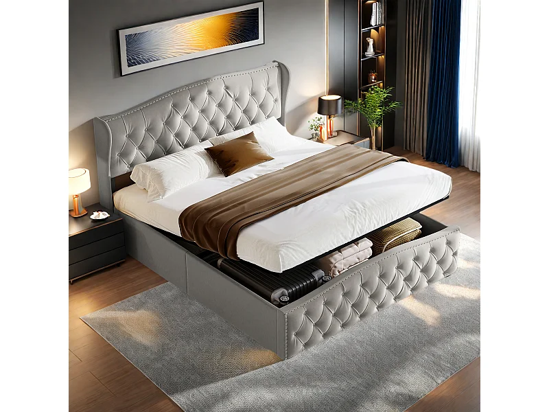 Lit en velours gris 140x200 cm avec clous décoratifs et motif ondulé, Lit double avec sommier à lattes et espace de rangement