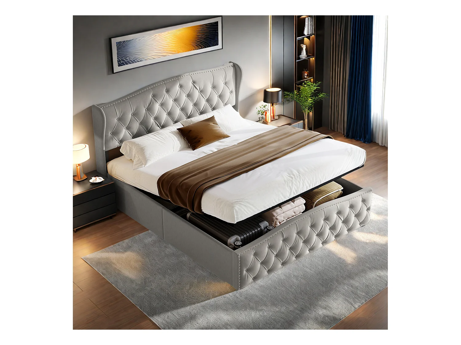 Lit en velours gris 140x200 cm avec clous décoratifs et motif ondulé, Lit double avec sommier à lattes et espace de rangement