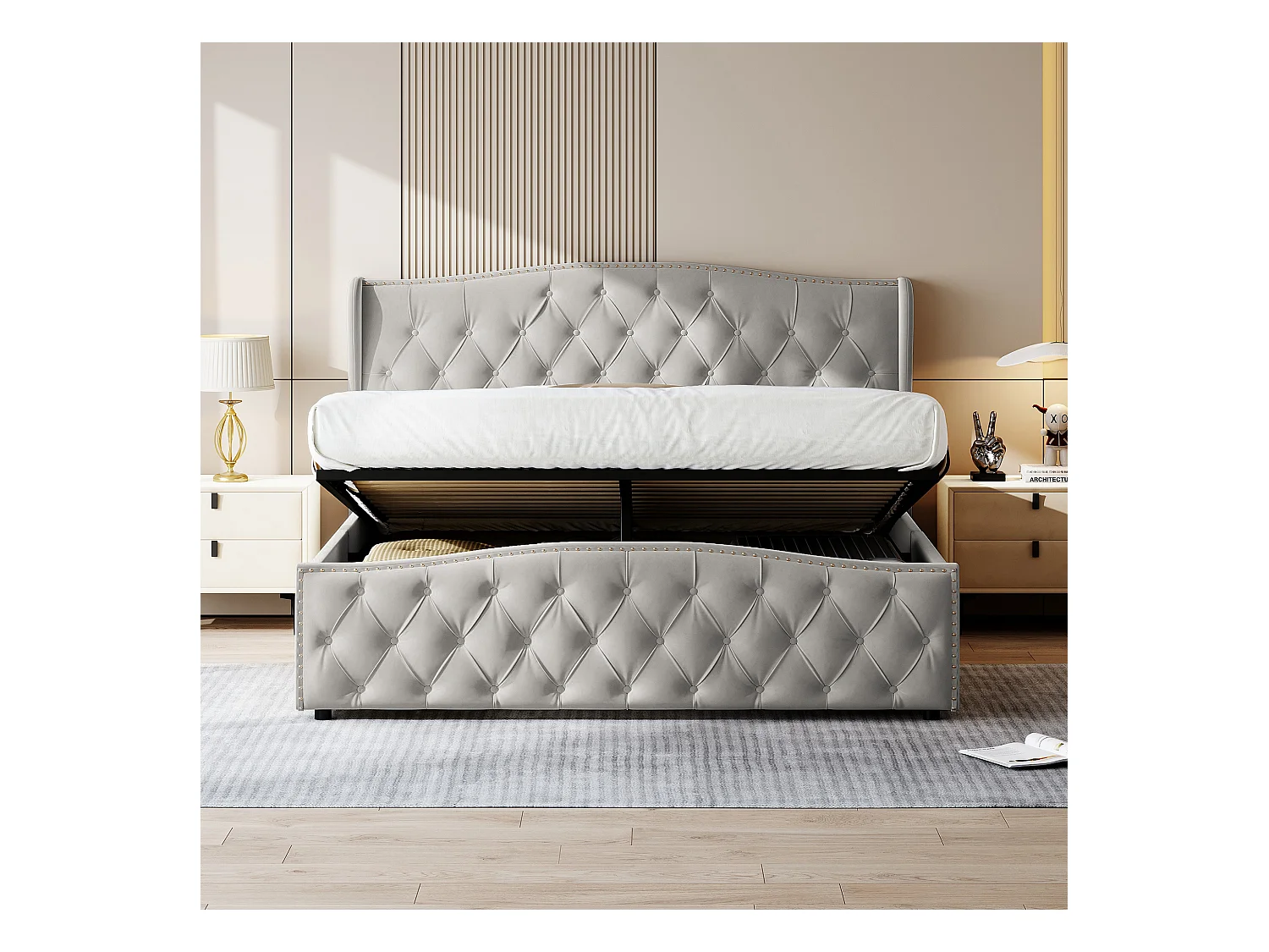 Bed in grijs fluweel 140x200 cm met decoratieve studs en golfpatroon, tweepersoonsbed met lattenbodem en opbergruimte
