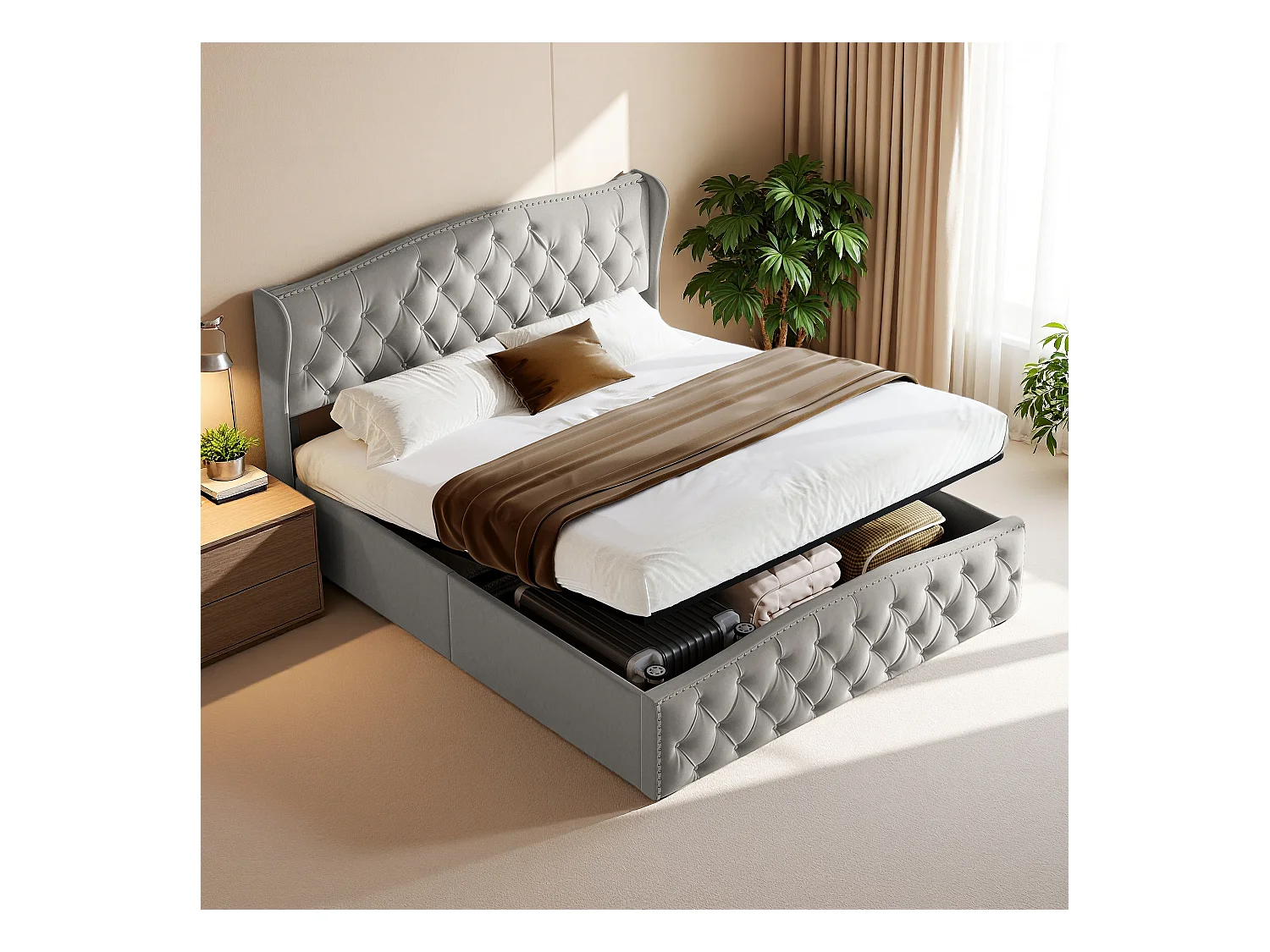 Bed in grijs fluweel 140x200 cm met decoratieve studs en golfpatroon, tweepersoonsbed met lattenbodem en opbergruimte