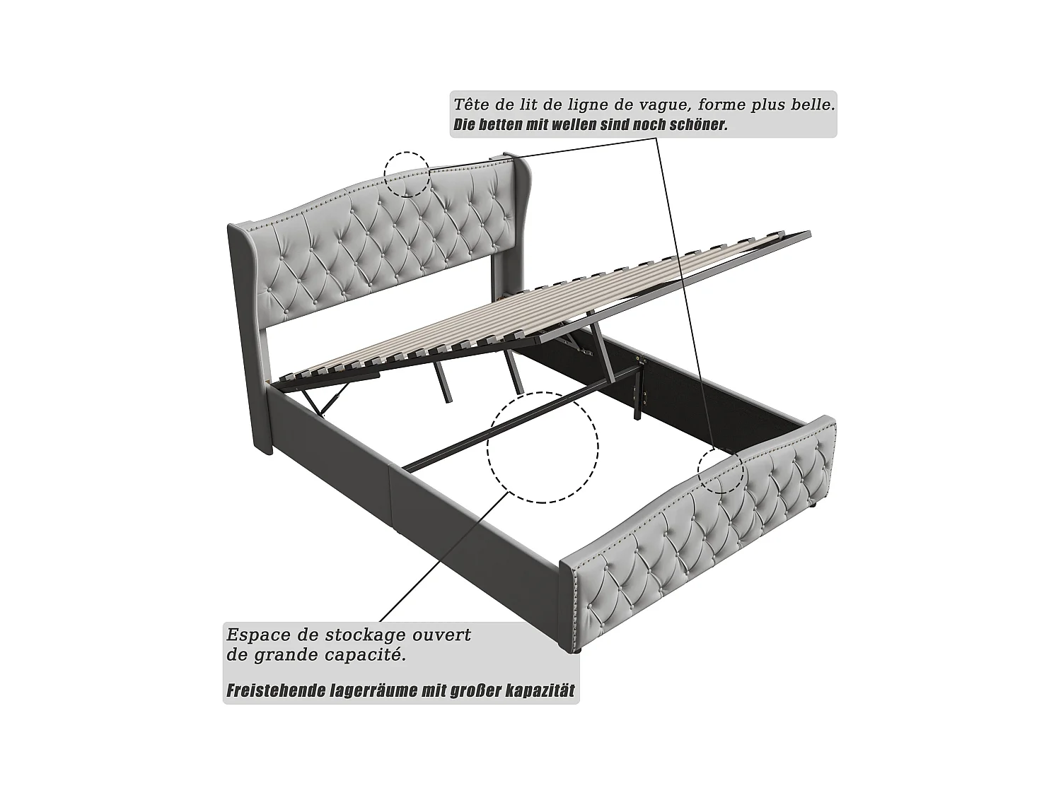 Bed in grijs fluweel 140x200 cm met decoratieve studs en golfpatroon, tweepersoonsbed met lattenbodem en opbergruimte