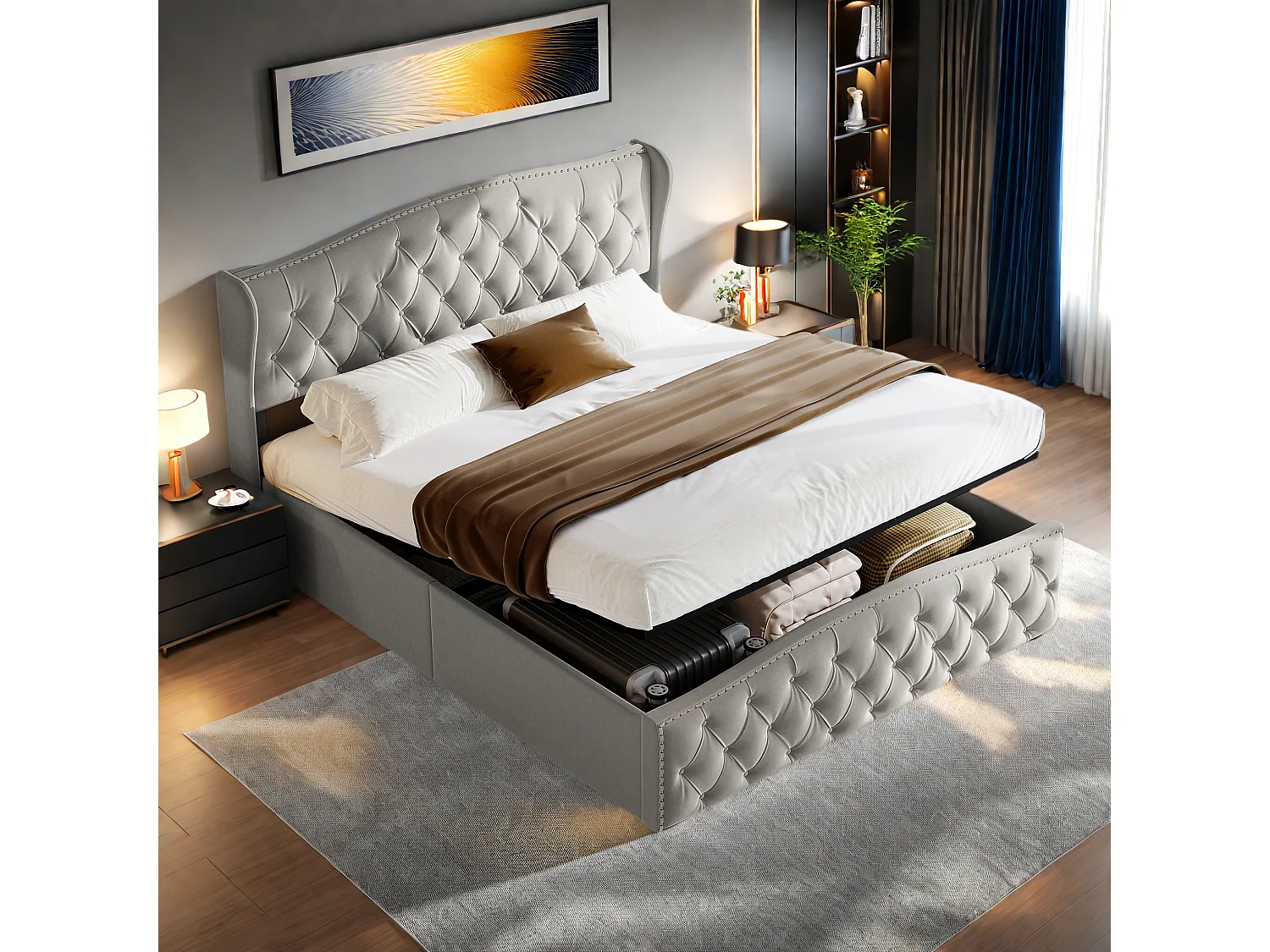 Lit en velours gris 140x200 cm avec clous décoratifs et motif ondulé, Lit double avec sommier à lattes et espace de rangement