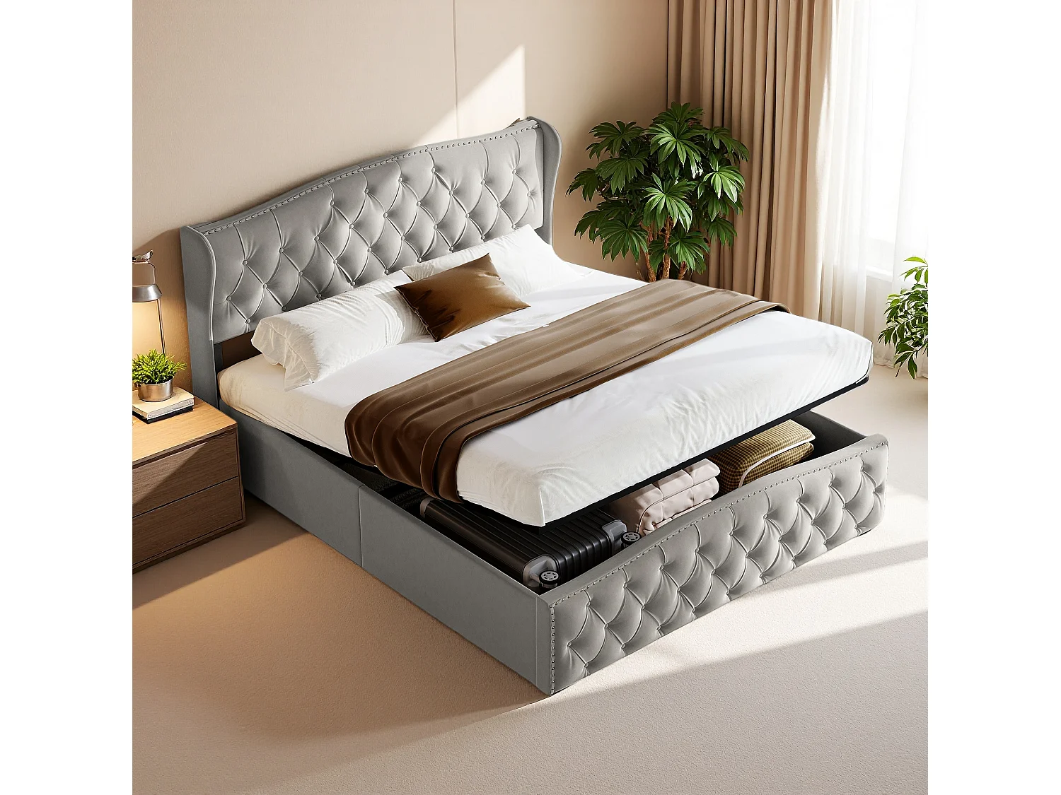 Lit en velours gris 140x200 cm avec clous décoratifs et motif ondulé, Lit double avec sommier à lattes et espace de rangement