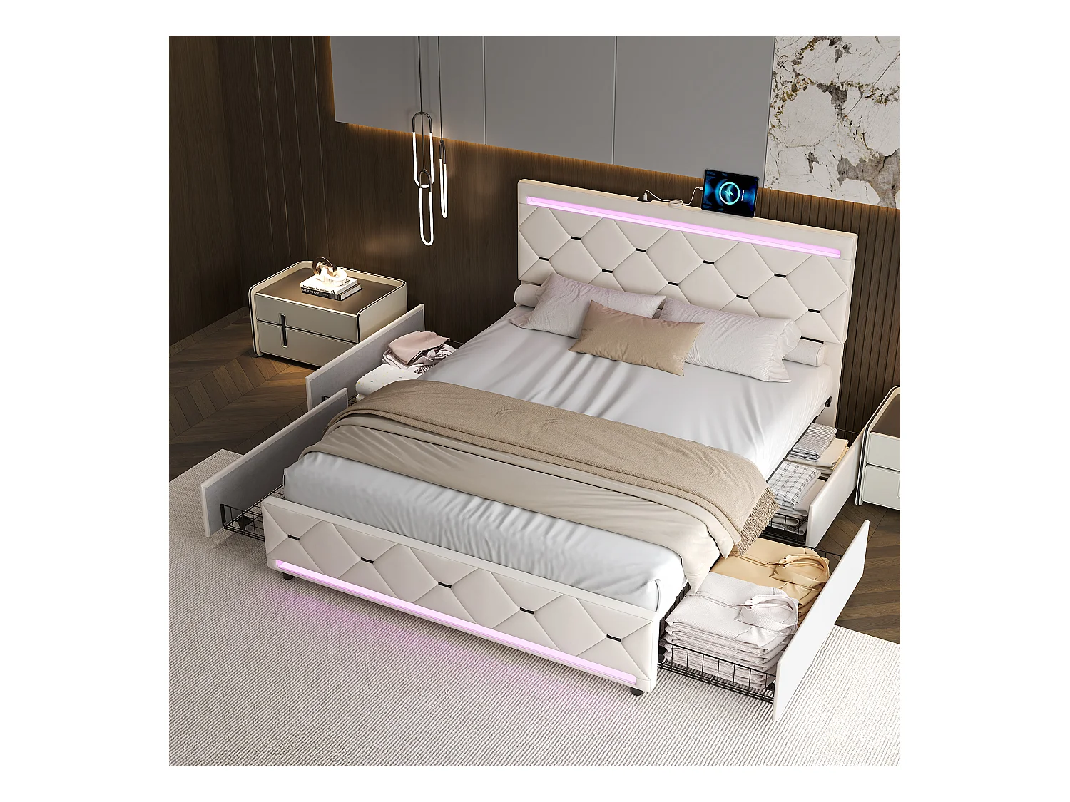 Lit coffre avec 4 tiroirs, LED multicolores et port USB – 140x190 cm – Velours blanc cassé design moderne