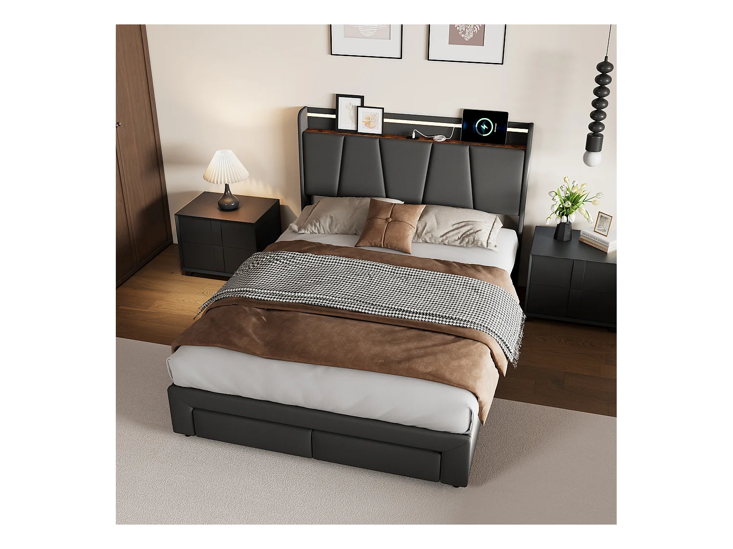Lit coffre avec rangements, tiroirs, LED multicolores et port USB – 140x190 cm – Tissu lin gris foncé