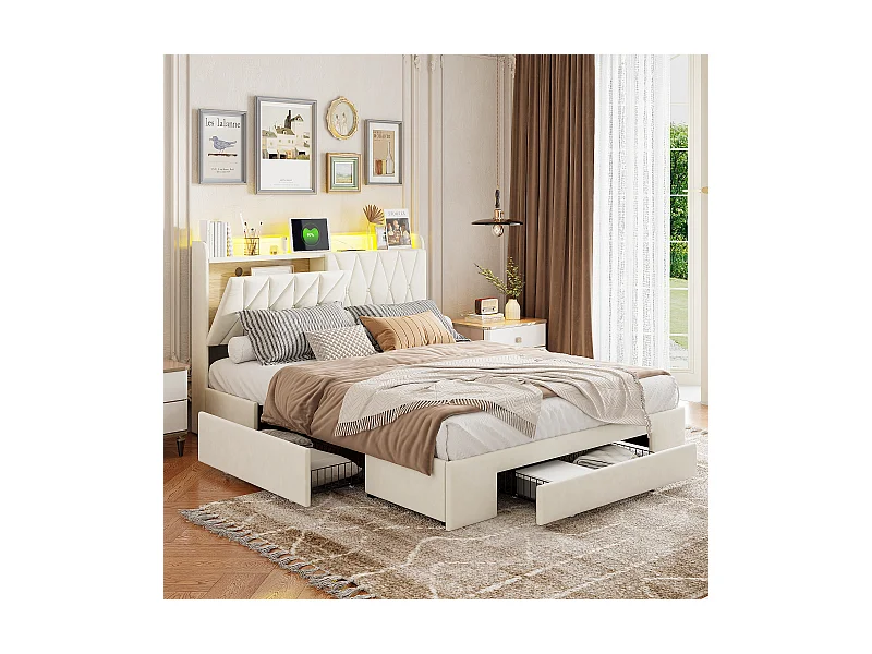 Générique Lit Coffre 160x200 avec sommier et Tiroir, Tête de lit rembourrée avec Rangement et éclairage LED,USB et Type-C,Convient pour 2 Personnes, Velours, Beige