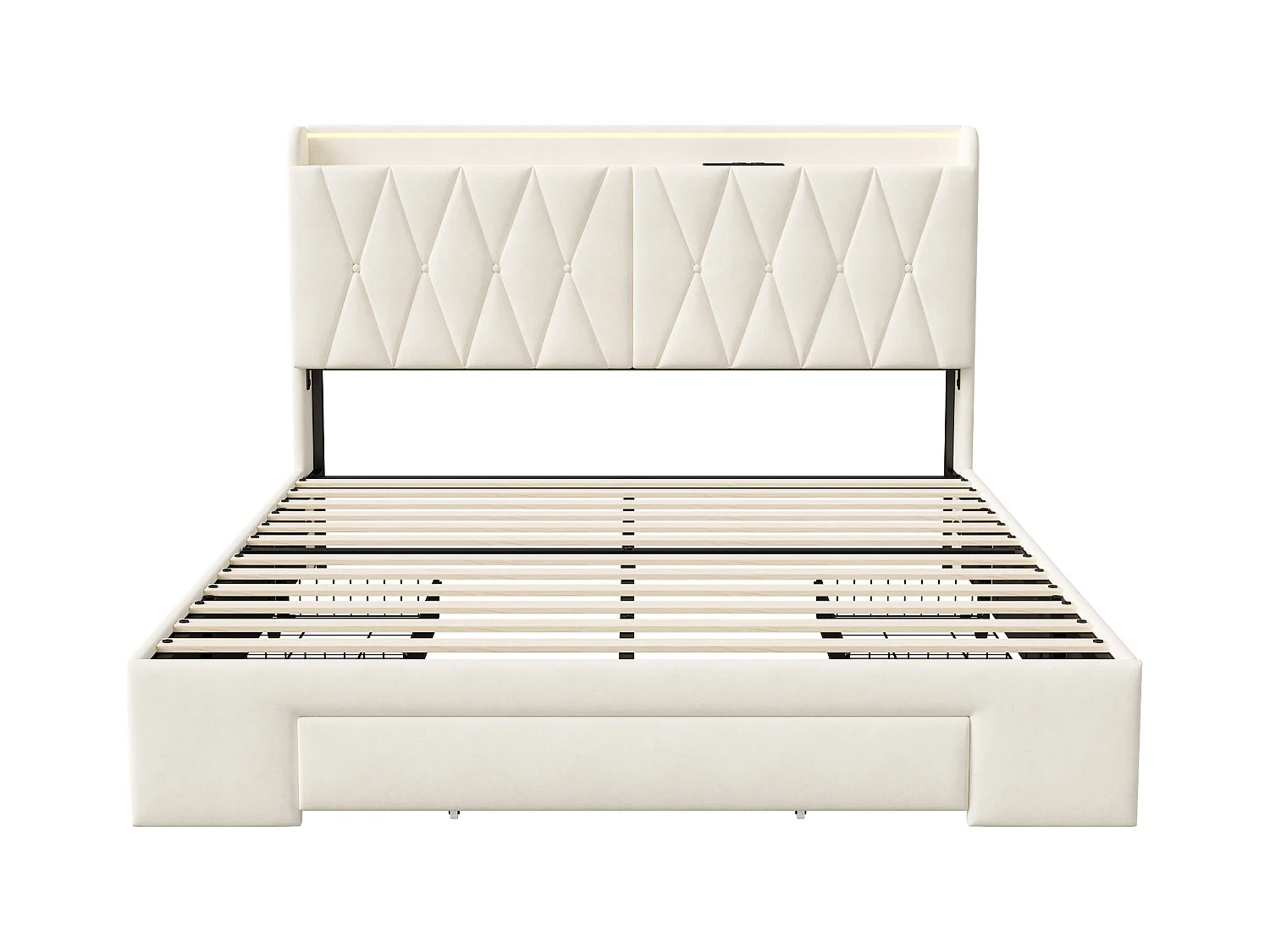 Générique Lit Coffre 160x200 avec sommier et Tiroir, Tête de lit rembourrée avec Rangement et éclairage LED,USB et Type-C,Convient pour 2 Personnes, Velours, Beige