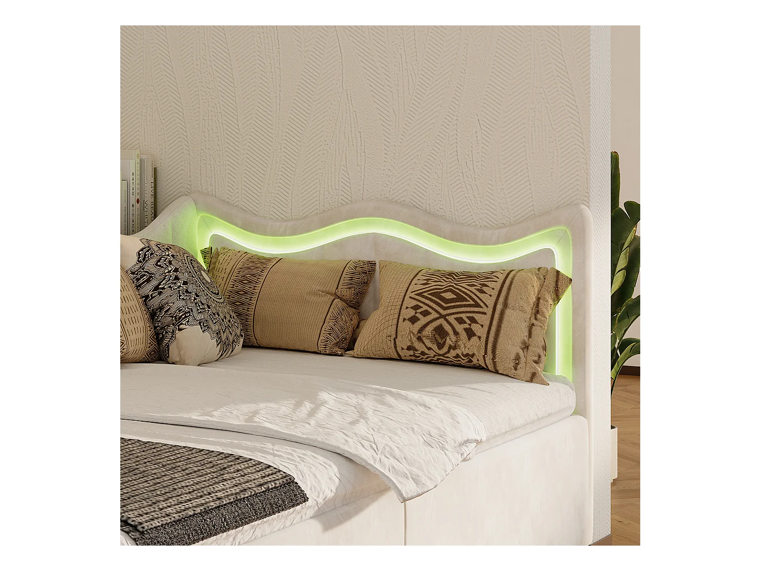 Kinderbed/bank met opbergruimte en LED – 90x200 cm – Beige fluweel met golvend hoofdeinde en modern design