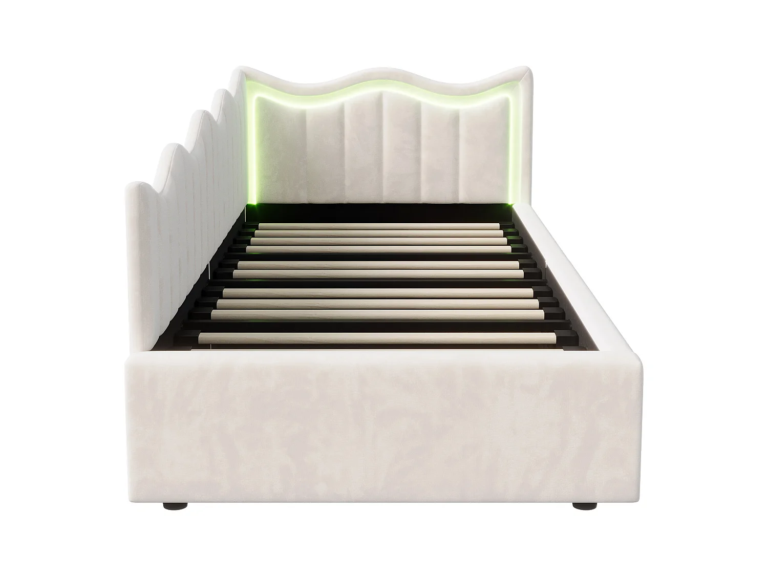 Kinderbed/bank met opbergruimte en LED – 90x200 cm – Beige fluweel met golvend hoofdeinde en modern design