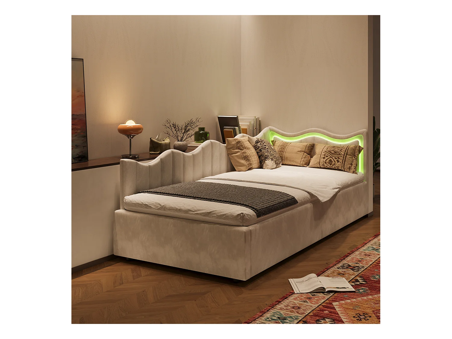Lit enfant/banquette avec coffre et LED – 90x200 cm – Velours beige avec tête de lit ondulée et design moderne
