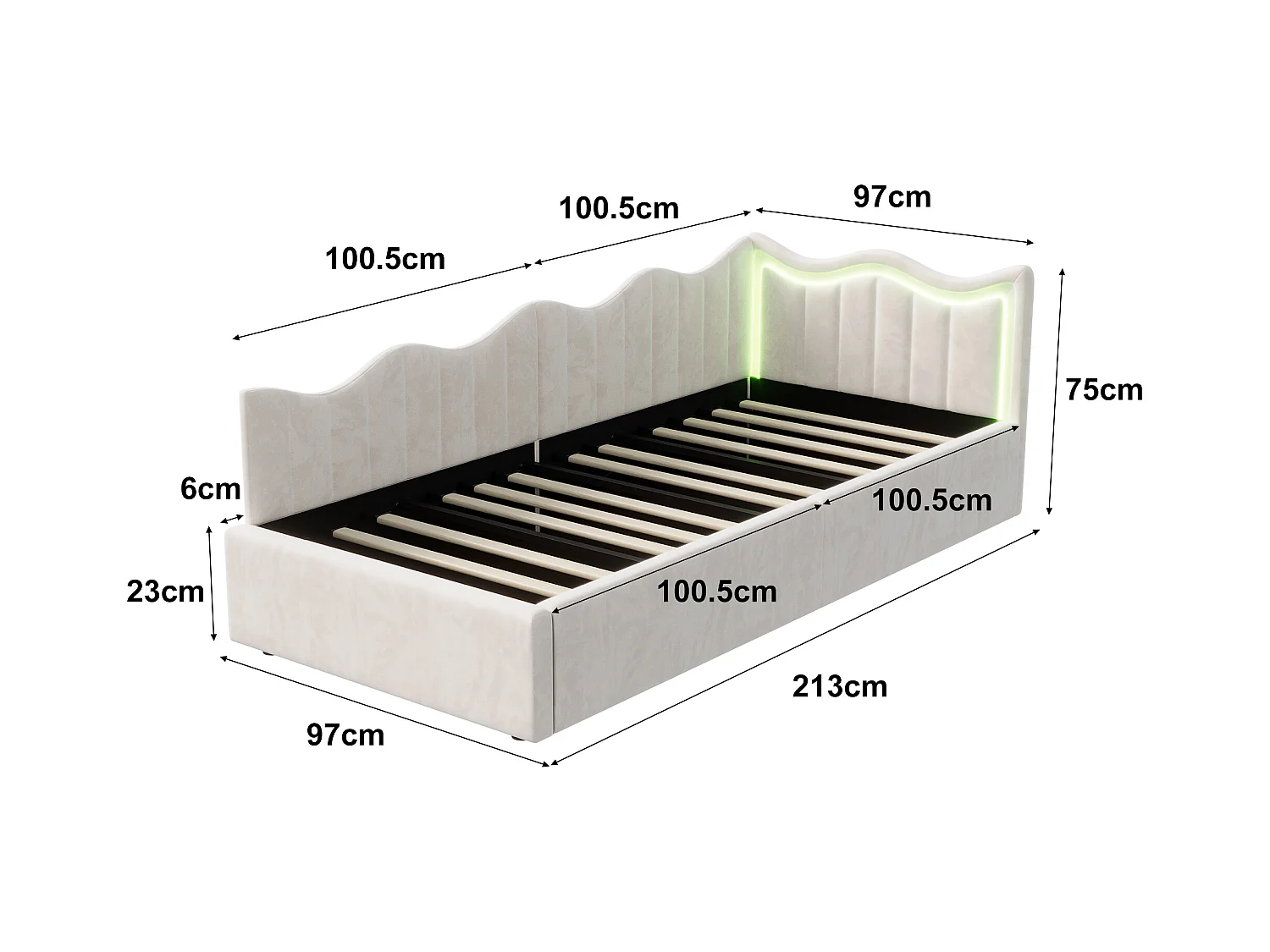 Lit enfant/banquette avec coffre et LED – 90x200 cm – Velours beige avec tête de lit ondulée et design moderne
