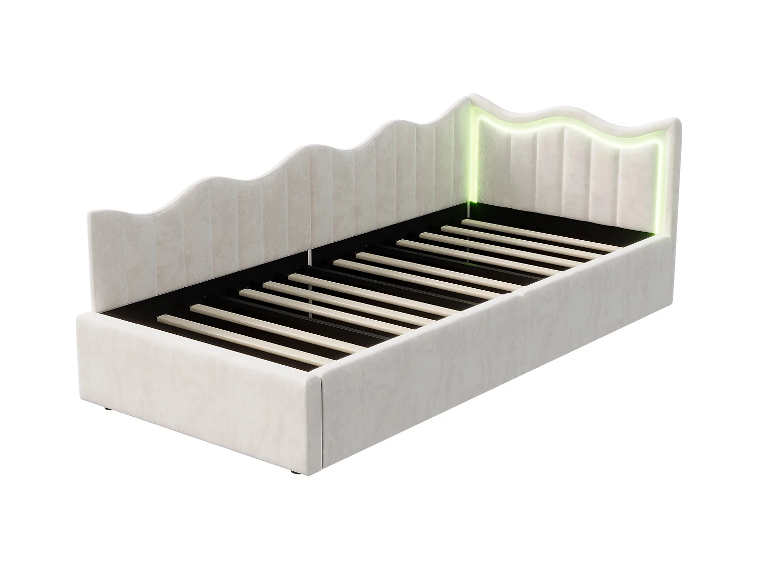 Lit enfant/banquette avec coffre et LED – 90x200 cm – Velours beige avec tête de lit ondulée et design moderne
