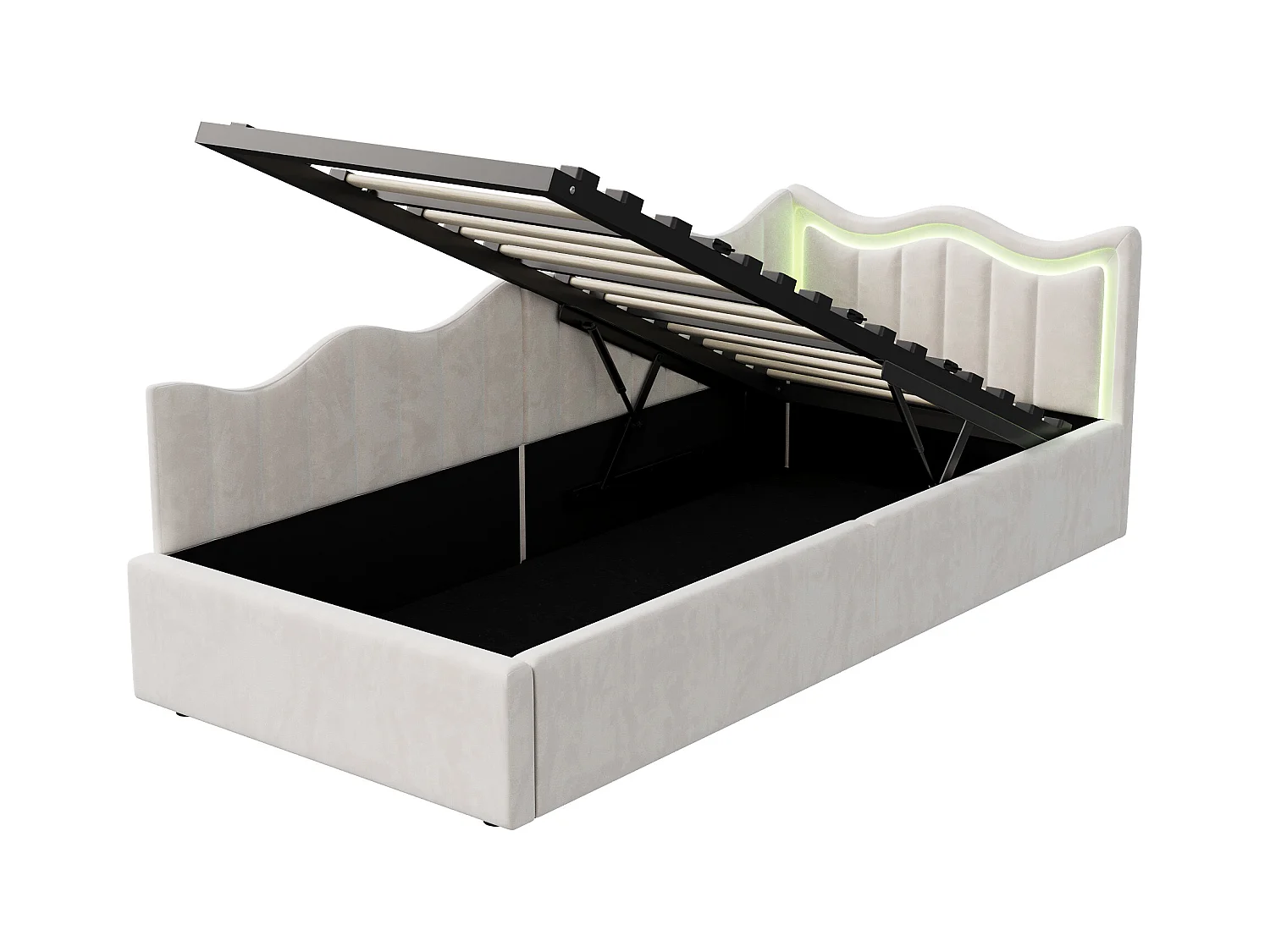 Lit enfant/banquette avec coffre et LED – 90x200 cm – Velours beige avec tête de lit ondulée et design moderne