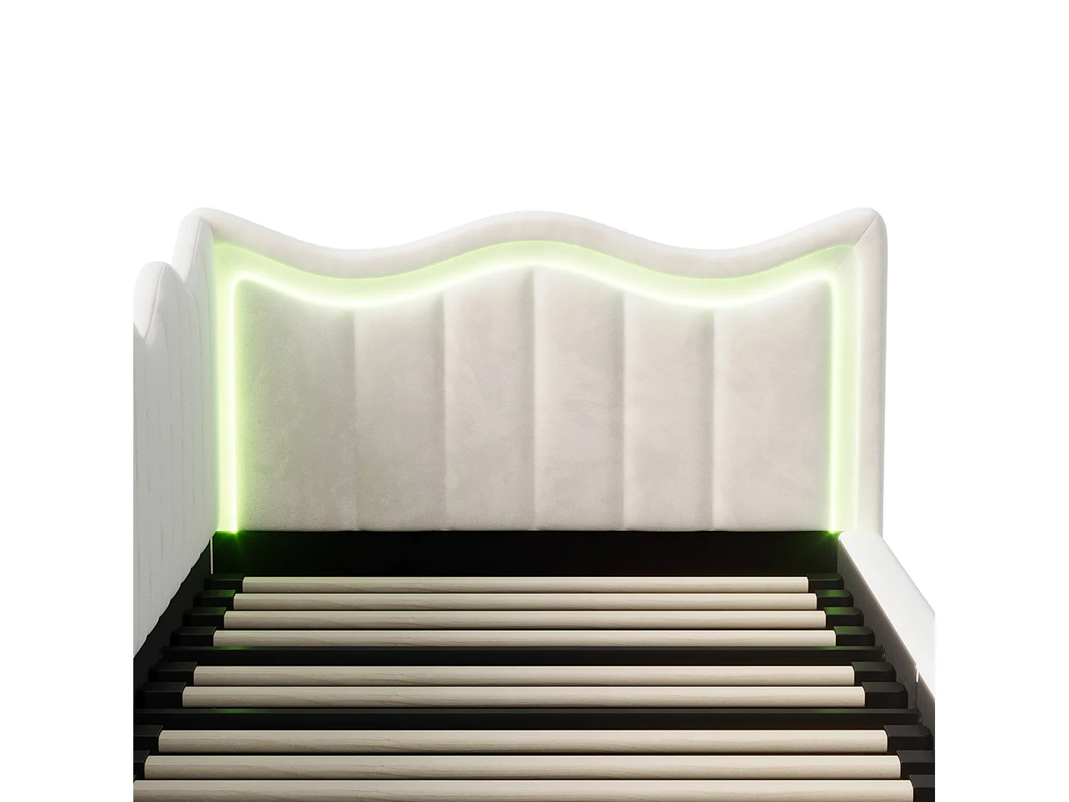 Lit enfant/banquette avec coffre et LED – 90x200 cm – Velours beige avec tête de lit ondulée et design moderne