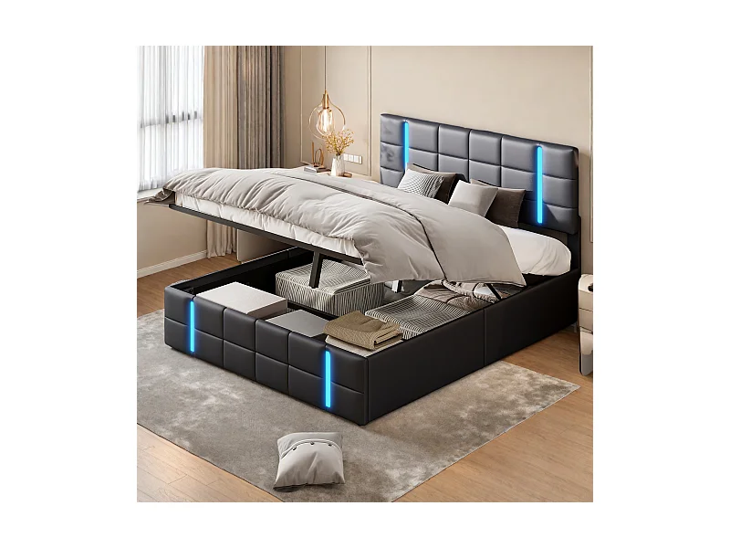 Lit double 160x200 cm en similicuir noir avec tête de lit LED acrylique givré et 2 ports USB intégrés