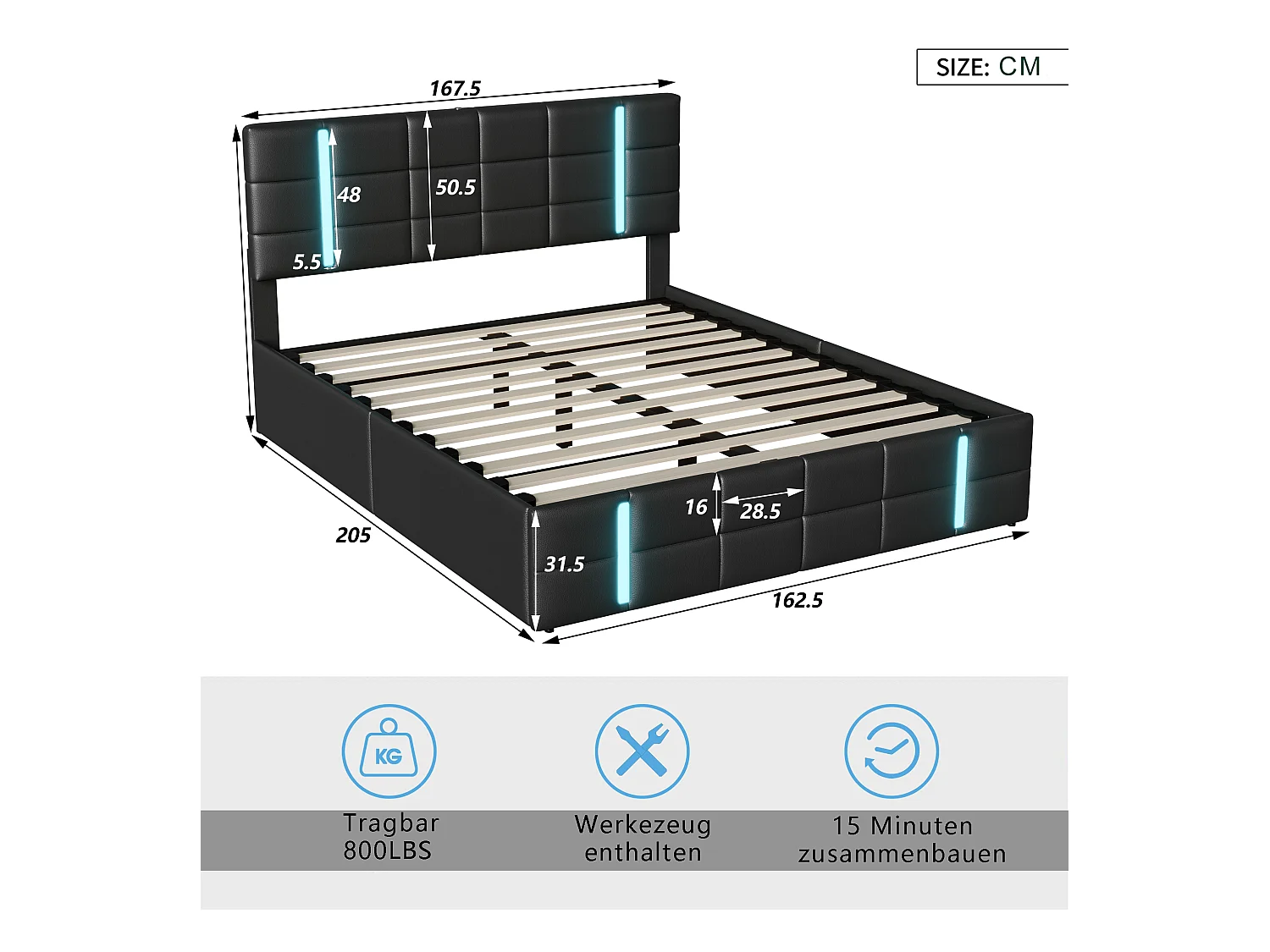 Cama doble de piel sintética negra de 160 x 200 cm con cabecero LED acrílico esmerilado y 2 puertos USB integrados