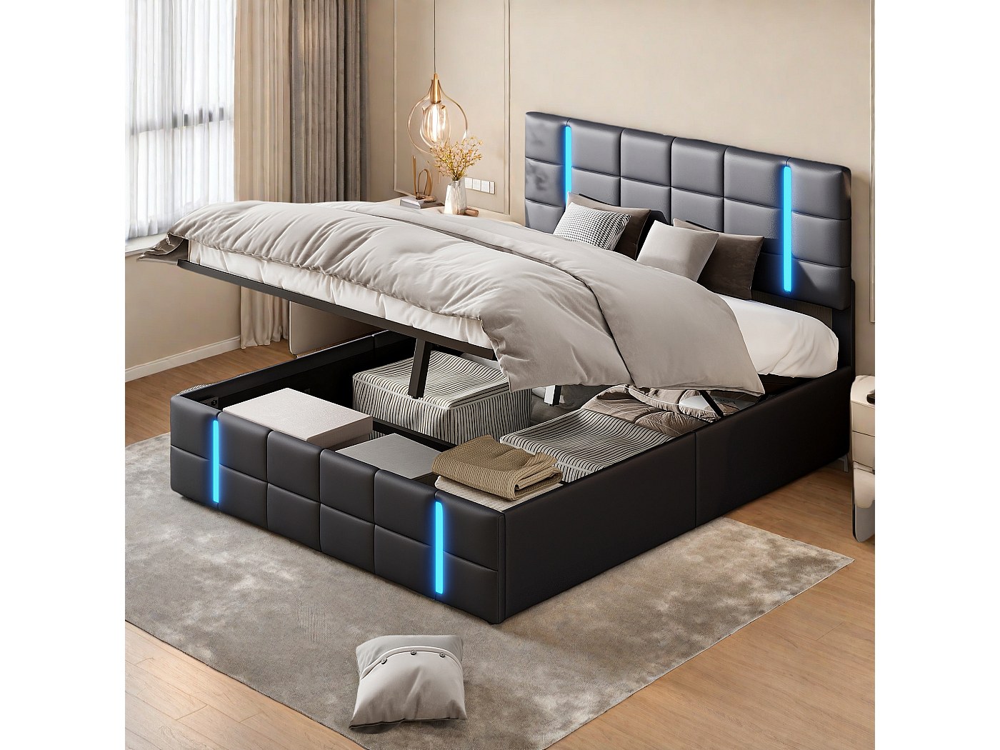 Letto Matrimoniale 140x190 Moderno Con LED, Testiera Contenitore, Porte USB E Struttura Imbottita In Velluto Grigio Scuro – Senza Materasso