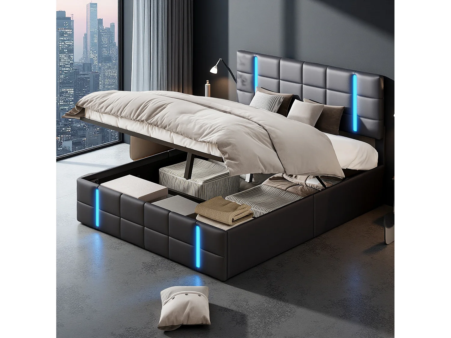 Lit double 160x200 cm en similicuir noir avec tête de lit LED acrylique givré et 2 ports USB intégrés