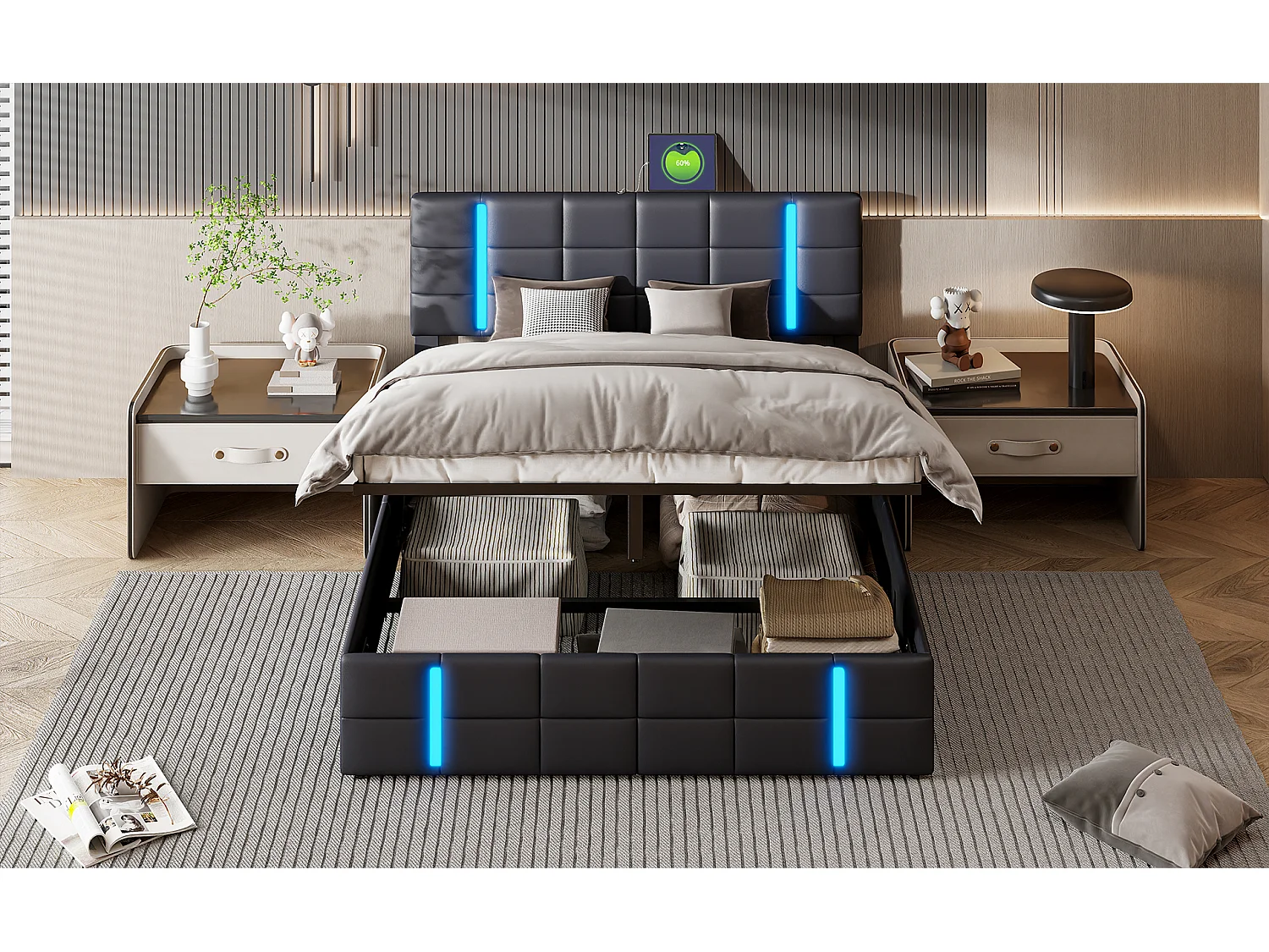 Lit double 160x200 cm en similicuir noir avec tête de lit LED acrylique givré et 2 ports USB intégrés