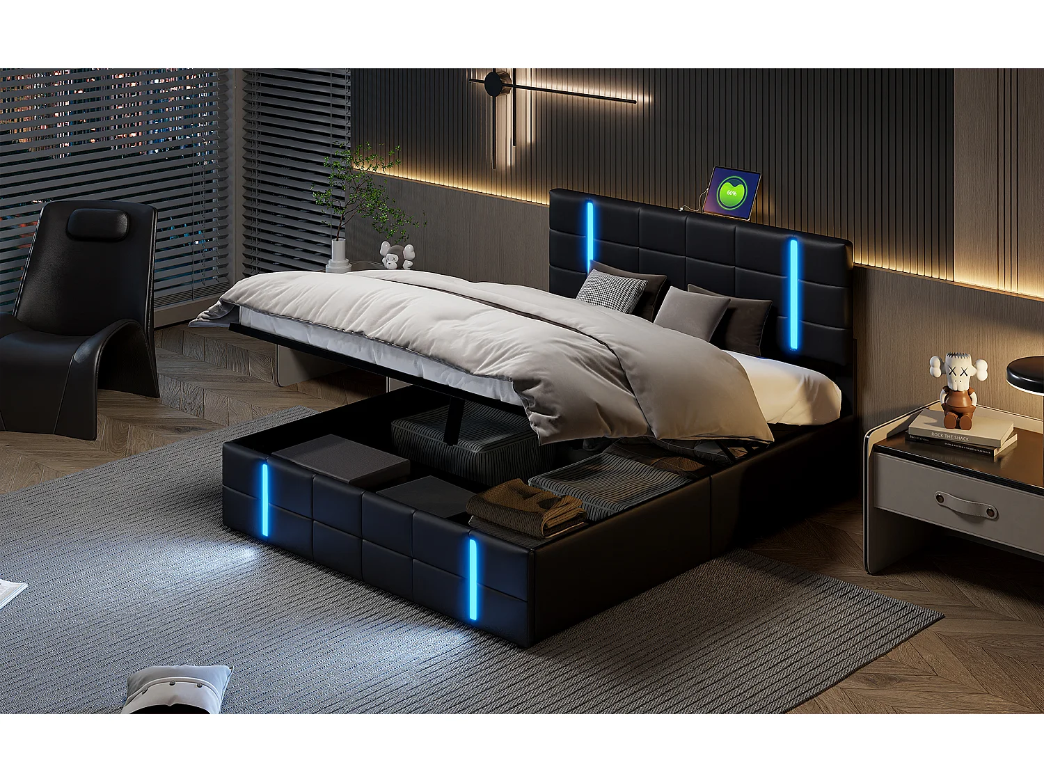 Lit double 160x200 cm en similicuir noir avec tête de lit LED acrylique givré et 2 ports USB intégrés