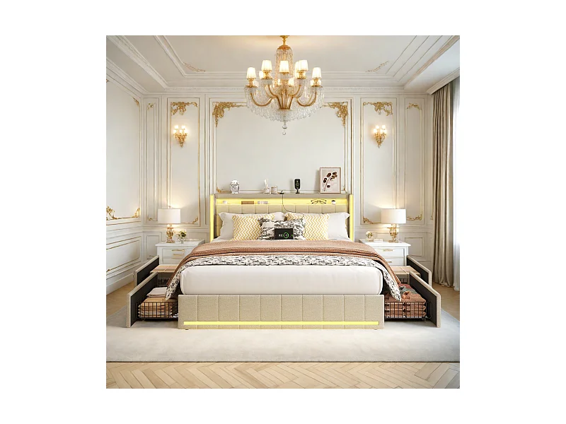 Lit double 160x200 cm en lin beige – Tête et pied de lit avec LED, 4 tiroirs métalliques, ports USB & Type-C