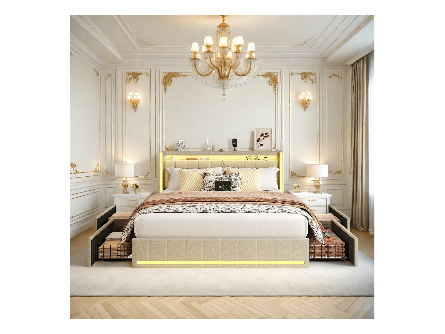 Lit double 160x200 cm en lin beige – Tête et pied de lit avec LED, 4 tiroirs métalliques, ports USB & Type-C