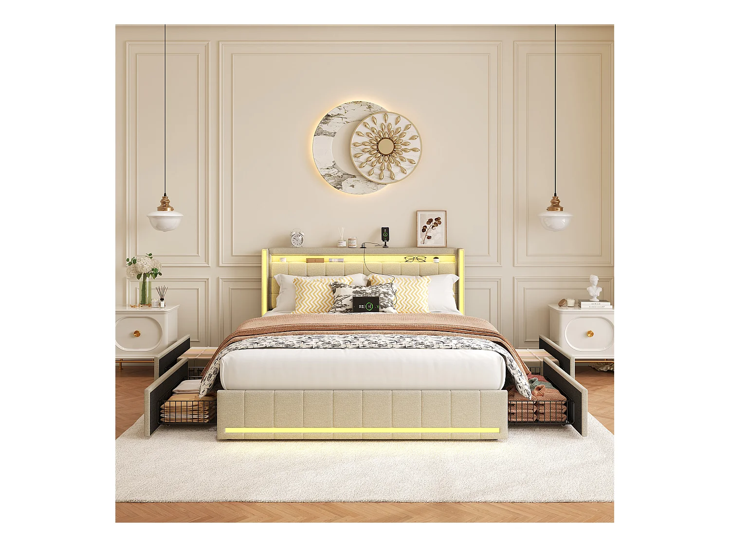 Lit double 160x200 cm en lin beige – Tête et pied de lit avec LED, 4 tiroirs métalliques, ports USB & Type-C