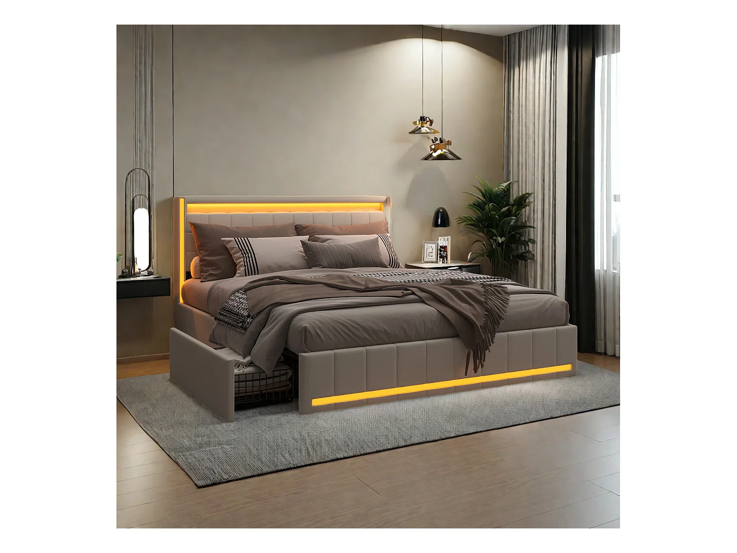 Lit double 160x200 cm en lin beige – Tête et pied de lit avec LED, 4 tiroirs métalliques, ports USB & Type-C