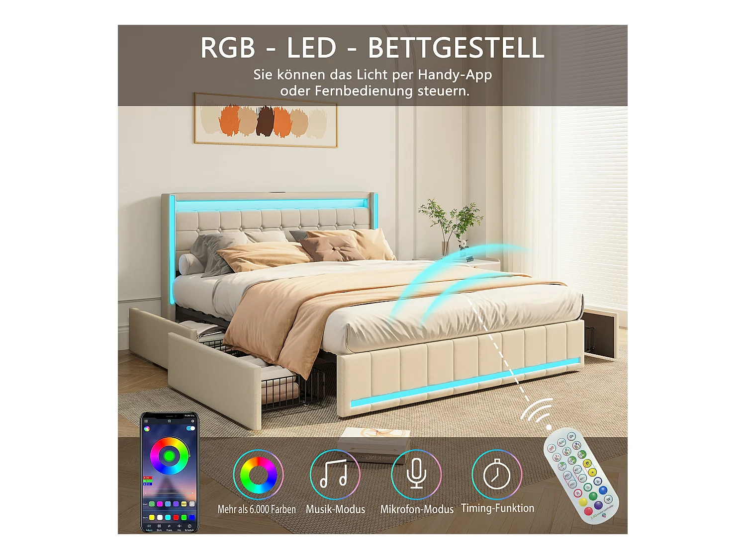 Lit double 160x200 cm en lin beige – Tête et pied de lit avec LED, 4 tiroirs métalliques, ports USB & Type-C