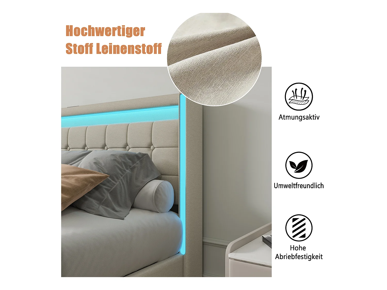 Lit double 160x200 cm en lin beige – Tête et pied de lit avec LED, 4 tiroirs métalliques, ports USB & Type-C