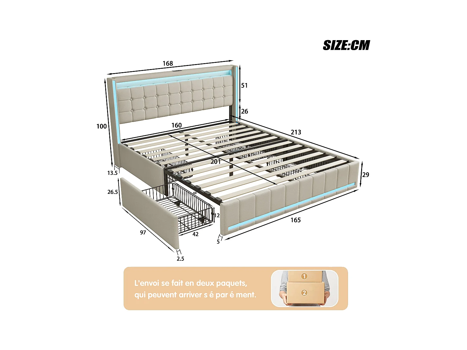 Lit double 160x200 cm en lin beige – Tête et pied de lit avec LED, 4 tiroirs métalliques, ports USB & Type-C