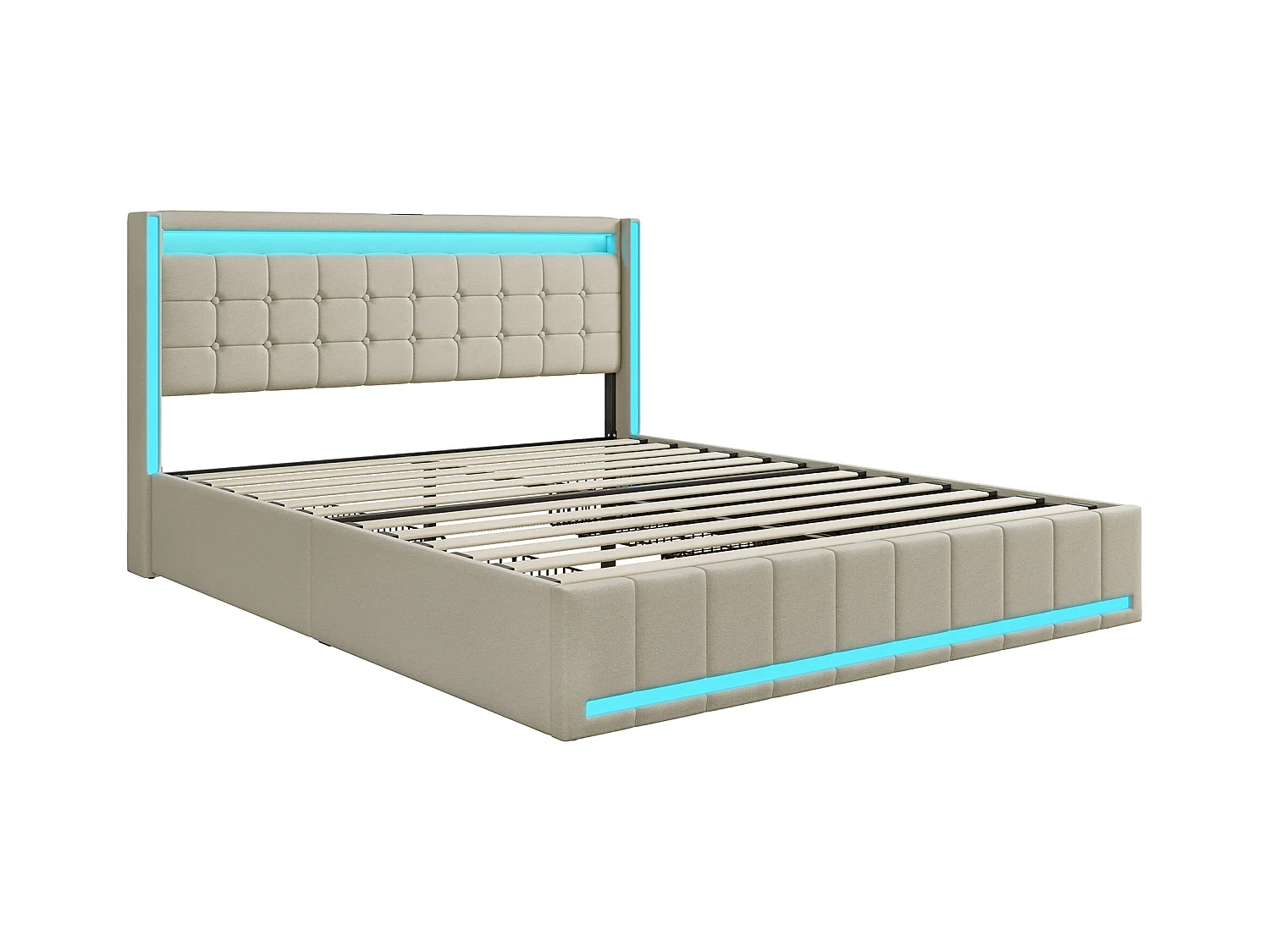 Lit double 160x200 cm en lin beige – Tête et pied de lit avec LED, 4 tiroirs métalliques, ports USB & Type-C