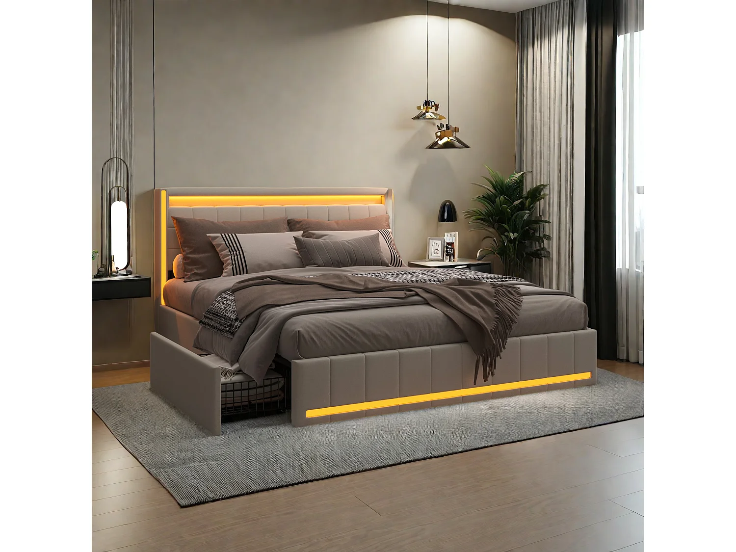 Lit double 160x200 cm en lin beige – Tête et pied de lit avec LED, 4 tiroirs métalliques, ports USB & Type-C